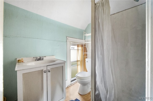 bathroom featuring vanity, lofted ceiling, toilet, walk in shower, and hardwood / wood-style floors