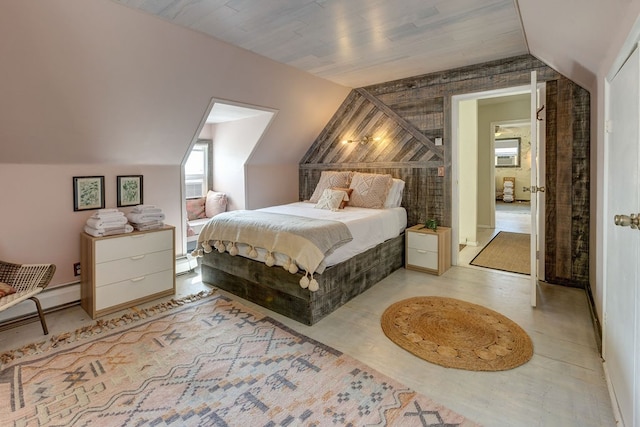 bedroom with baseboard heating, vaulted ceiling, and wooden ceiling