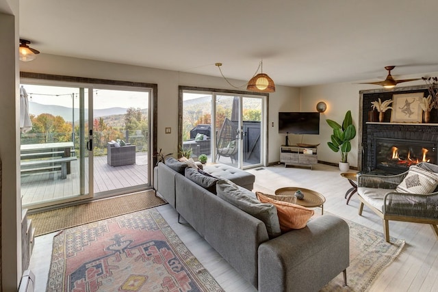 living room featuring ceiling fan, a baseboard radiator, and light hardwood / wood-style floors