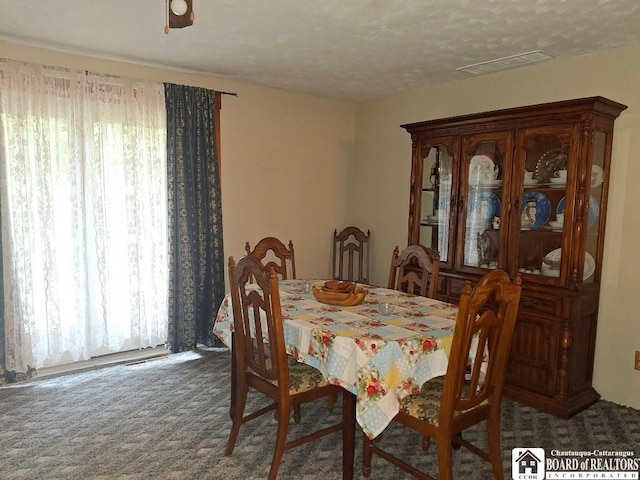 dining room featuring dark colored carpet, a textured ceiling, and a wealth of natural light