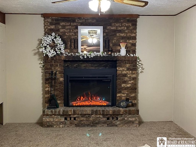 room details featuring ceiling fan, a fireplace, carpet, and a textured ceiling