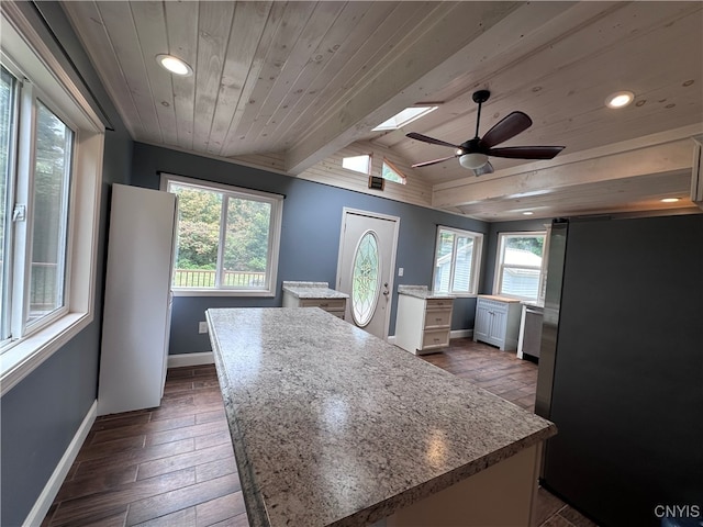 kitchen with a wealth of natural light, hardwood / wood-style floors, ceiling fan, and black refrigerator