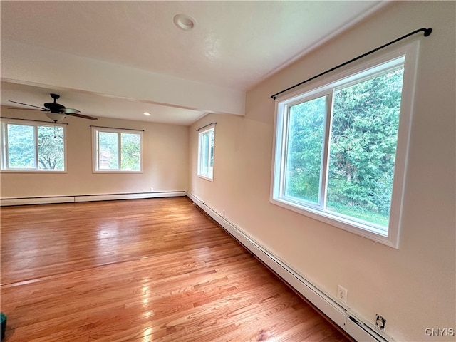 spare room featuring ceiling fan, baseboard heating, and a wealth of natural light