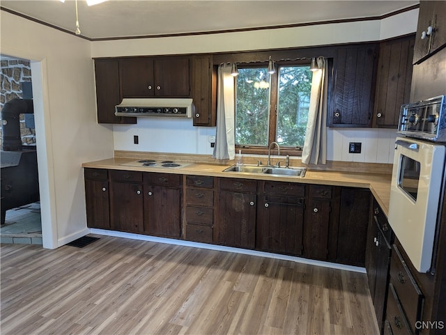 kitchen with light wood-type flooring, sink, white cooktop, dark brown cabinetry, and crown molding