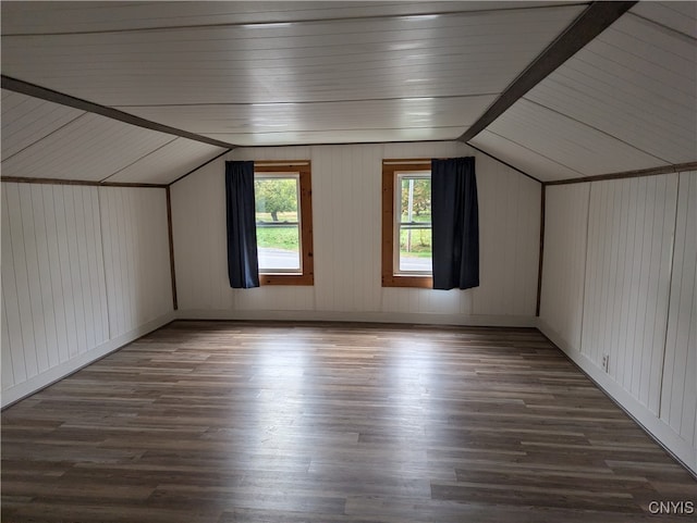 bonus room with lofted ceiling, wood walls, and dark hardwood / wood-style floors