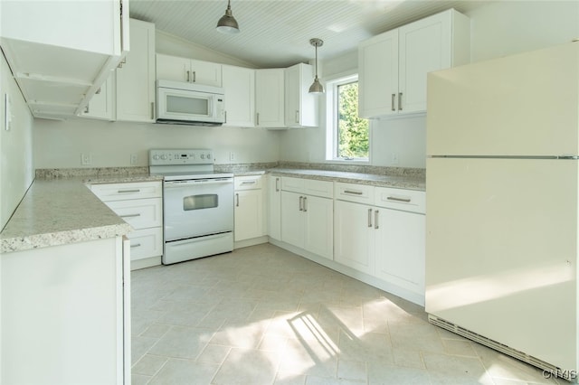 kitchen featuring hanging light fixtures, wood ceiling, white cabinetry, white appliances, and lofted ceiling