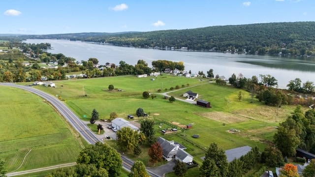 drone / aerial view with a rural view and a water view