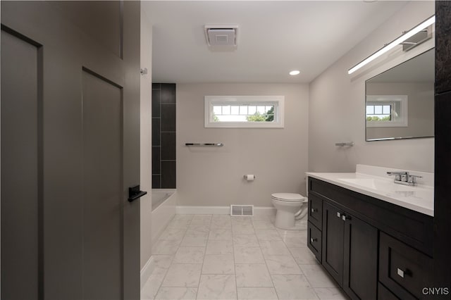 full bathroom with a healthy amount of sunlight, vanity, toilet, and shower with separate bathtub