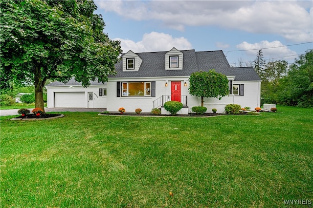 cape cod-style house with a front yard and a garage