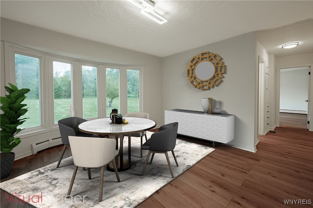 dining space featuring a baseboard radiator, dark hardwood / wood-style floors, and a wealth of natural light