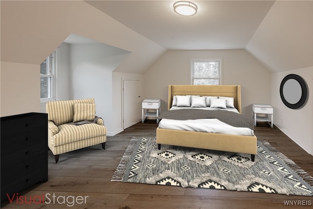 bedroom featuring lofted ceiling and dark hardwood / wood-style flooring