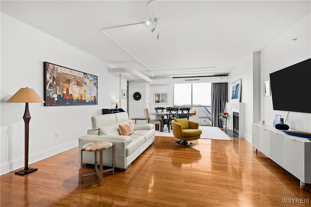 living room featuring hardwood / wood-style floors and track lighting