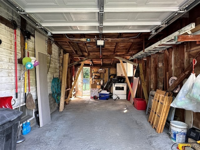 garage with wood walls