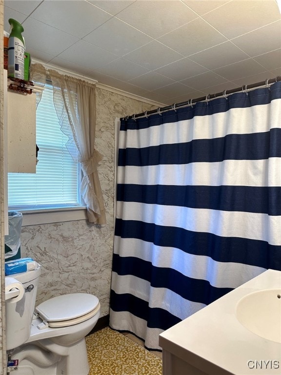 bathroom featuring a shower with shower curtain, vanity, and toilet