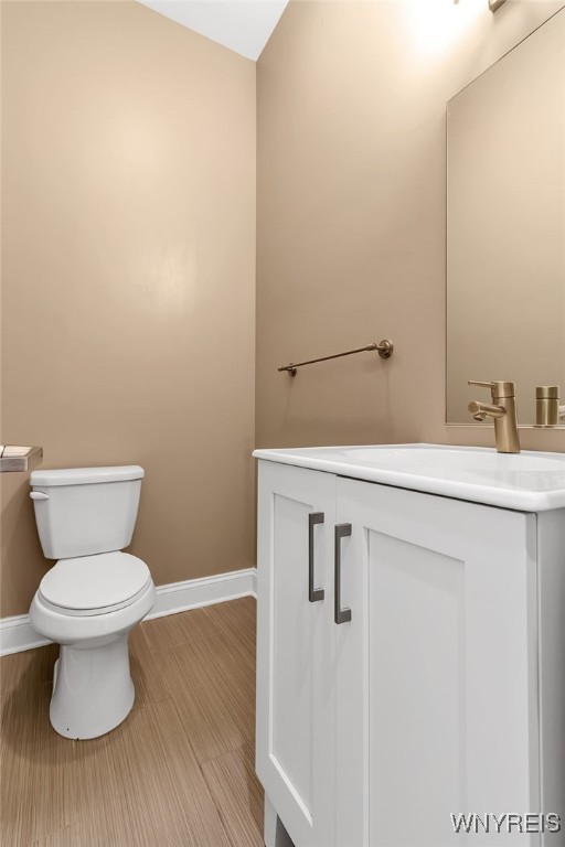 bathroom with wood-type flooring, vanity, and toilet