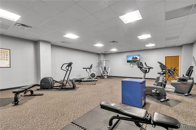 exercise room featuring carpet floors and a drop ceiling