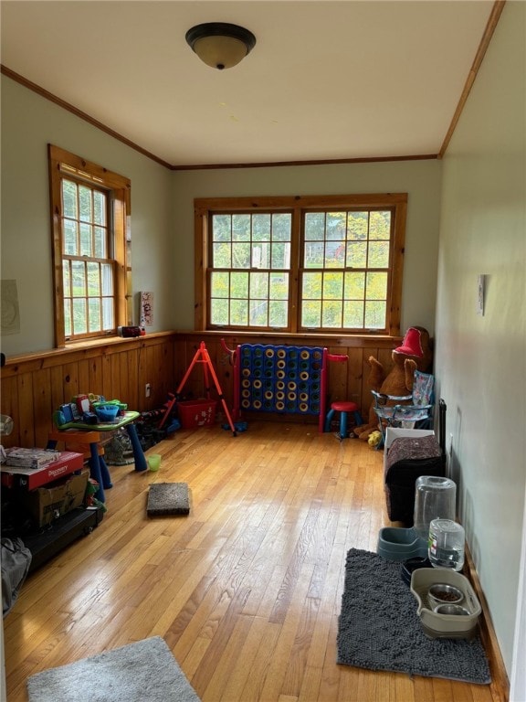 miscellaneous room with ornamental molding, wooden walls, and light hardwood / wood-style flooring