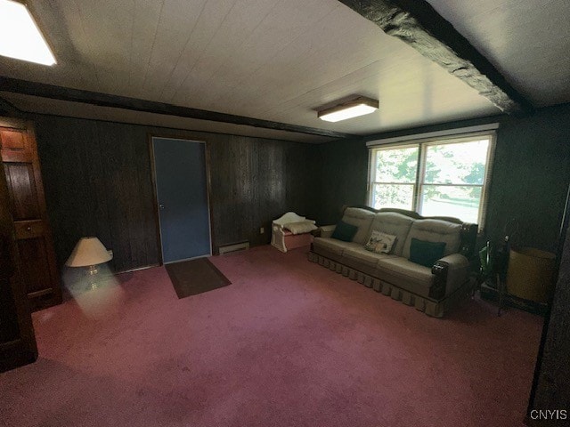 carpeted living room with wooden walls and baseboard heating