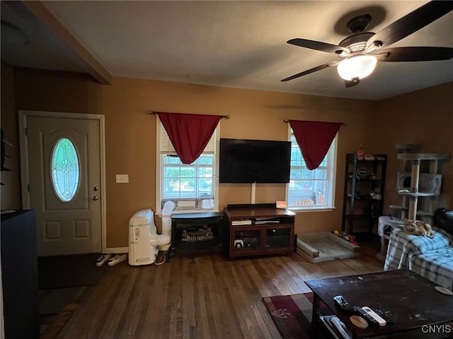 living room featuring ceiling fan and hardwood / wood-style floors