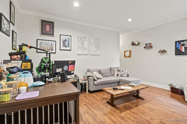 living room with ornamental molding and light hardwood / wood-style floors