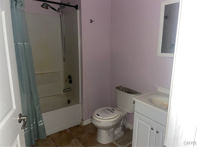 full bathroom with tile patterned flooring, vanity, toilet, and shower / tub combo with curtain