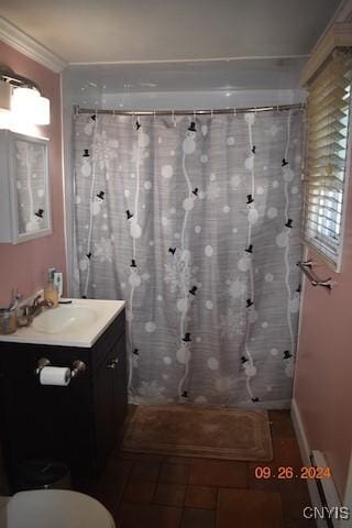 604 Oneida Lake Ave, Sullivan, NY 13032 - bathroom with vanity, toilet, a shower with shower curtain, crown molding, and tile patterned floors
