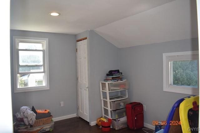 604 Oneida Lake Ave, Sullivan, NY 13032 - rec room featuring baseboards, recessed lighting, dark wood-style flooring, and vaulted ceiling