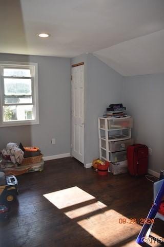 604 Oneida Lake Ave, Sullivan, NY 13032 - rec room featuring wood finished floors, baseboards, recessed lighting, and lofted ceiling
