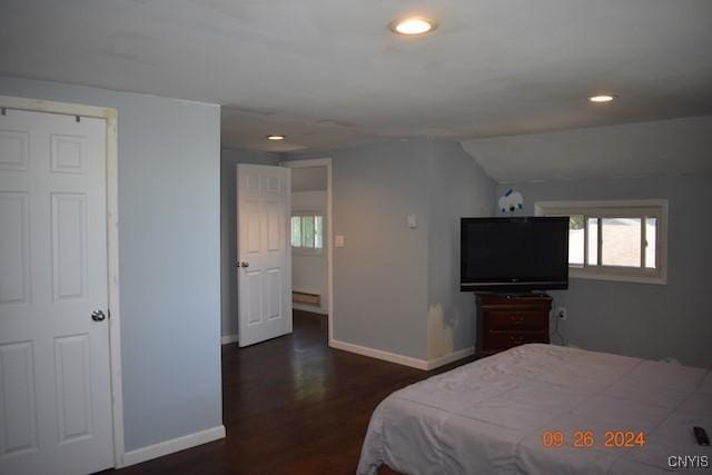 604 Oneida Lake Ave, Sullivan, NY 13032 - bedroom featuring multiple windows, baseboards, wood finished floors, recessed lighting, and vaulted ceiling