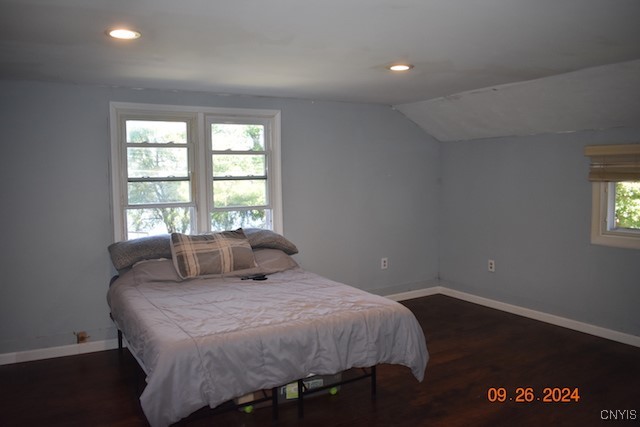 bedroom featuring multiple windows, lofted ceiling, and dark wood-type flooring