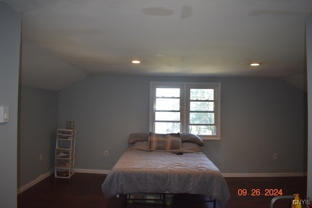 bedroom with lofted ceiling and dark wood-type flooring