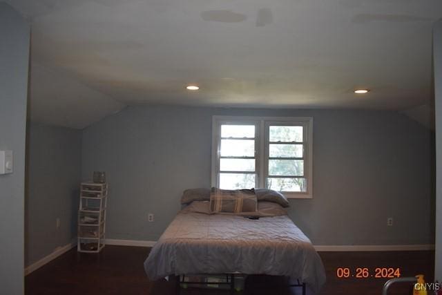 604 Oneida Lake Ave, Sullivan, NY 13032 - bedroom with vaulted ceiling, baseboards, recessed lighting, and dark wood-style flooring