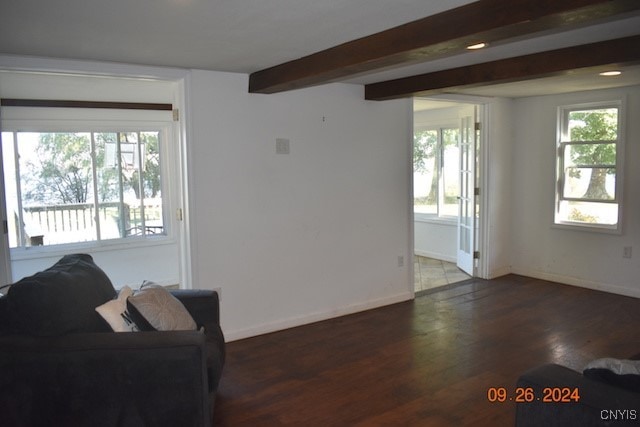 living room featuring beam ceiling, dark wood-type flooring, and a healthy amount of sunlight