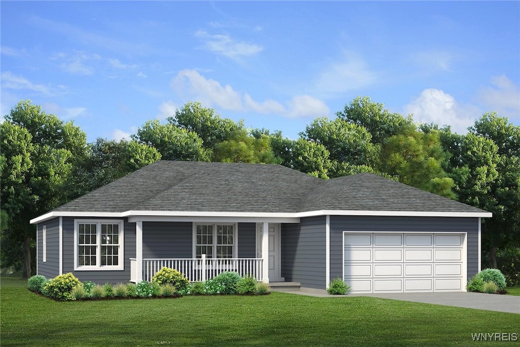 ranch-style home featuring a garage, a front lawn, and a porch