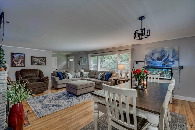 living room with light hardwood / wood-style floors and crown molding