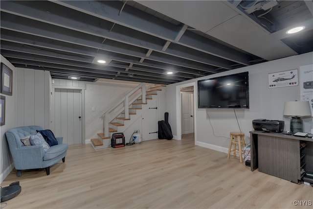 basement with light wood-type flooring