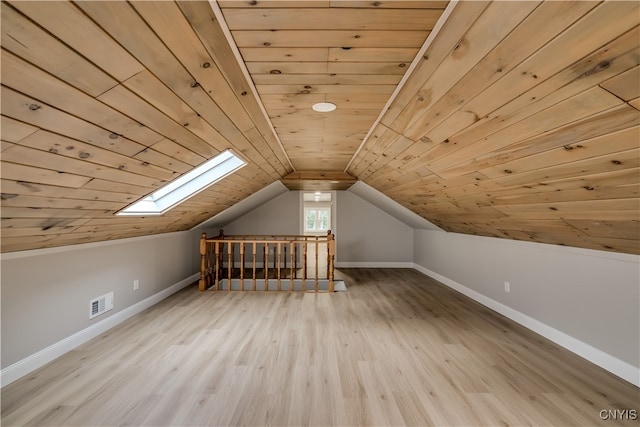 additional living space featuring wood ceiling, light wood-type flooring, and lofted ceiling with skylight