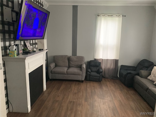 living room featuring crown molding and dark hardwood / wood-style floors