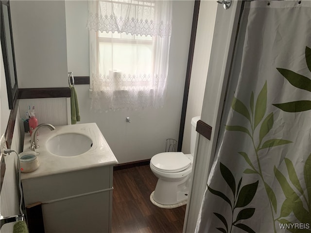 bathroom with wood-type flooring, vanity, and toilet