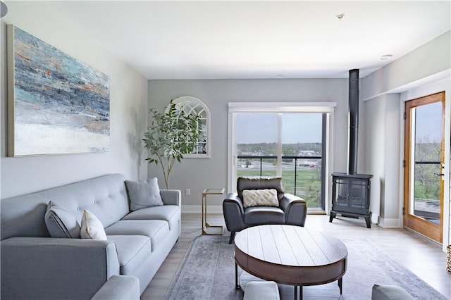 205 Lakeshore Dr Unit 520, Canandaigua City, NY 14424 - living area with a wood stove, light wood-style floors, and baseboards