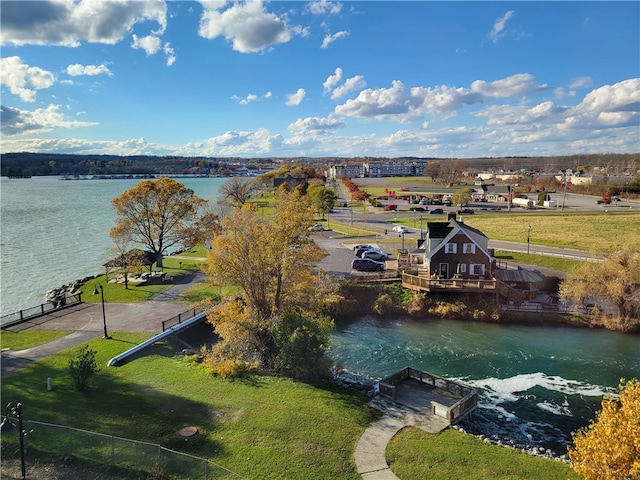 aerial view featuring a water view