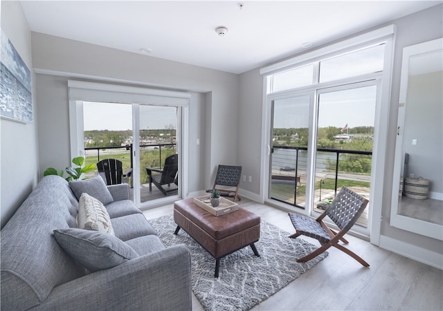 living room featuring a wealth of natural light and light wood-type flooring