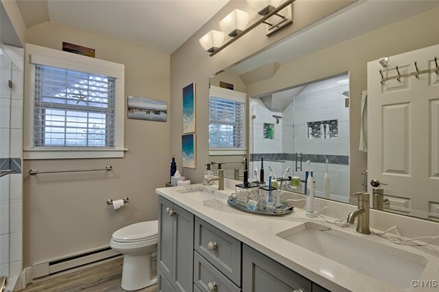 bathroom with vanity, walk in shower, hardwood / wood-style flooring, toilet, and a baseboard heating unit