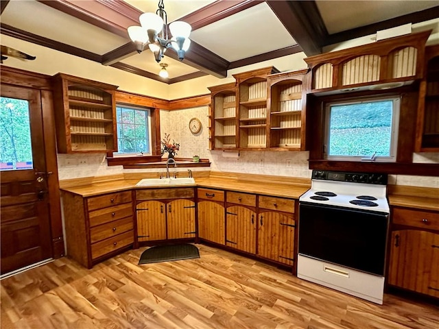 247 W Corydon St, Bradford-Town, PA 16701 - kitchen with range with electric cooktop, an inviting chandelier, open shelves, a sink, and tasteful backsplash