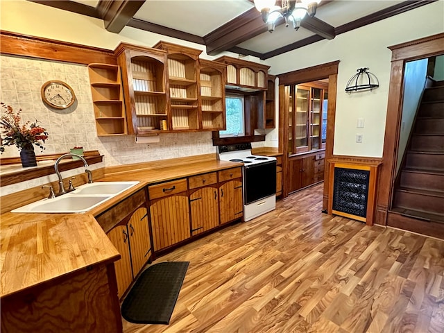 kitchen featuring decorative backsplash, light hardwood / wood-style floors, butcher block counters, white electric stove, and sink