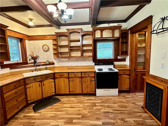 kitchen featuring light wood-type flooring, crown molding, white electric range, sink, and a notable chandelier