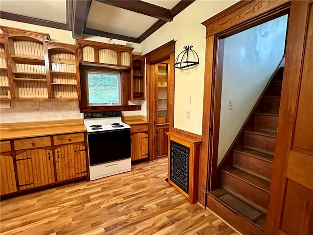 kitchen featuring light hardwood / wood-style floors, electric range, tasteful backsplash, beam ceiling, and ornamental molding