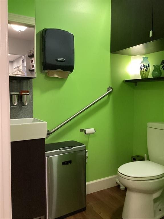 bathroom with vanity, toilet, and wood-type flooring