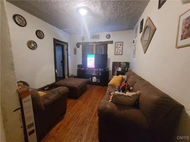 living room with a textured ceiling and hardwood / wood-style flooring