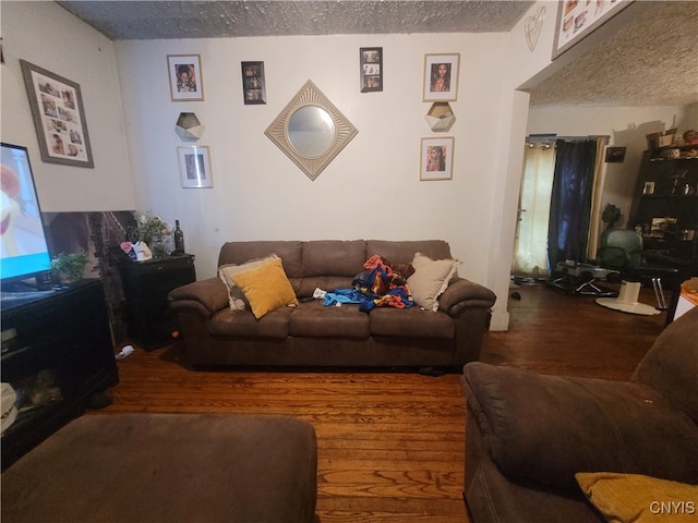 living room with a textured ceiling and wood-type flooring